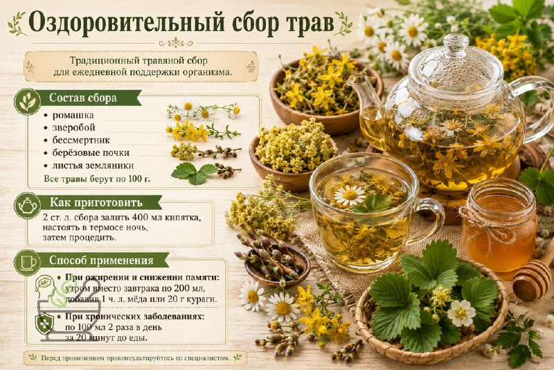 Травяной сбор с ромашкой, зверобоем, бессмертником и берёзовыми почками